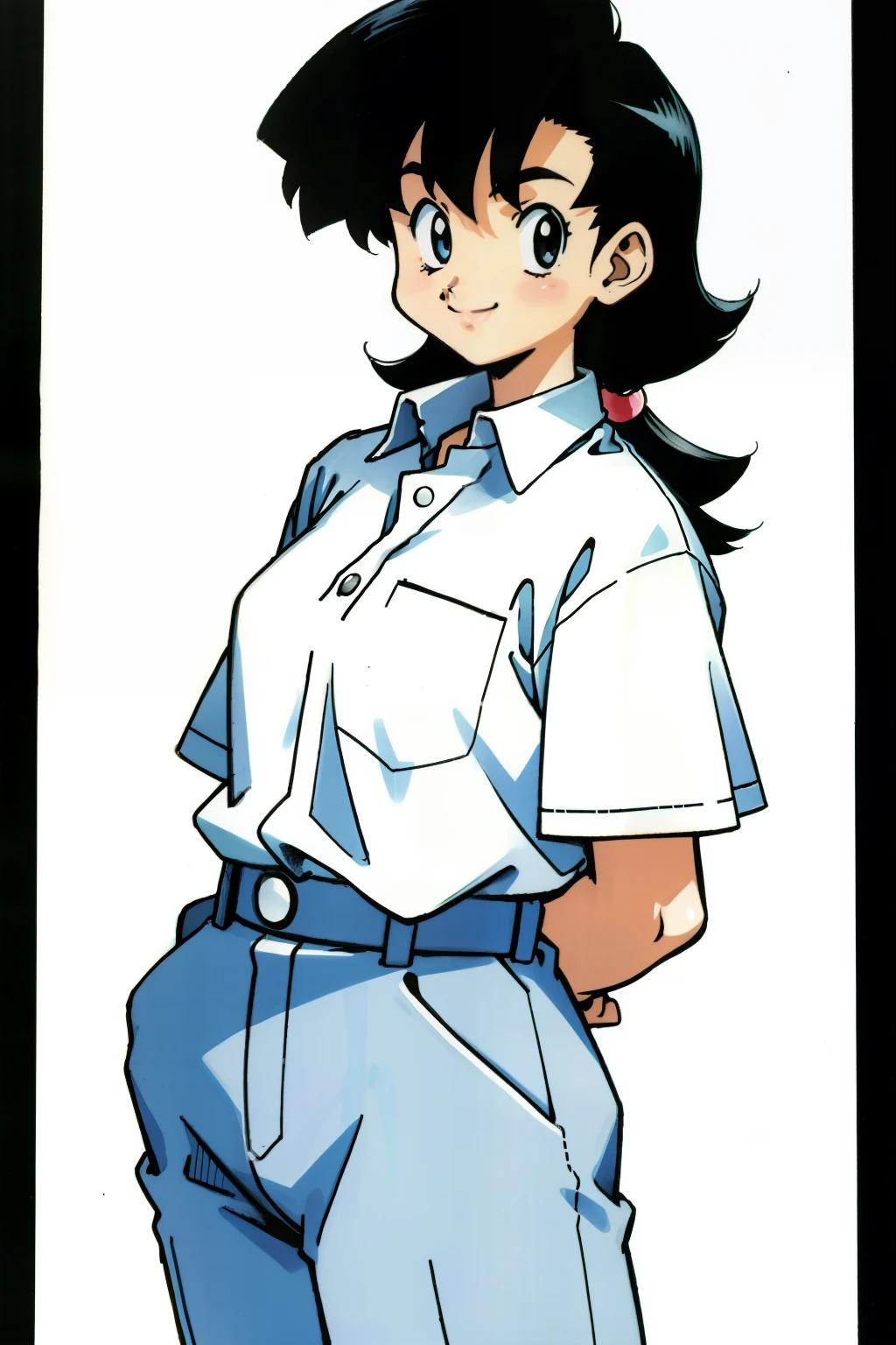 by Ken Sugimori, sugimori 1990s, ((only 1girl)), woman, chubby, white collared shirt, muscular, smiling ((hands behind their back)), full black pupils, manga, best quality, highly detailed, clean lines, cowboy shot, good hands, good eyes, hd, 8k, professional, symmetrical, hires, 8k,