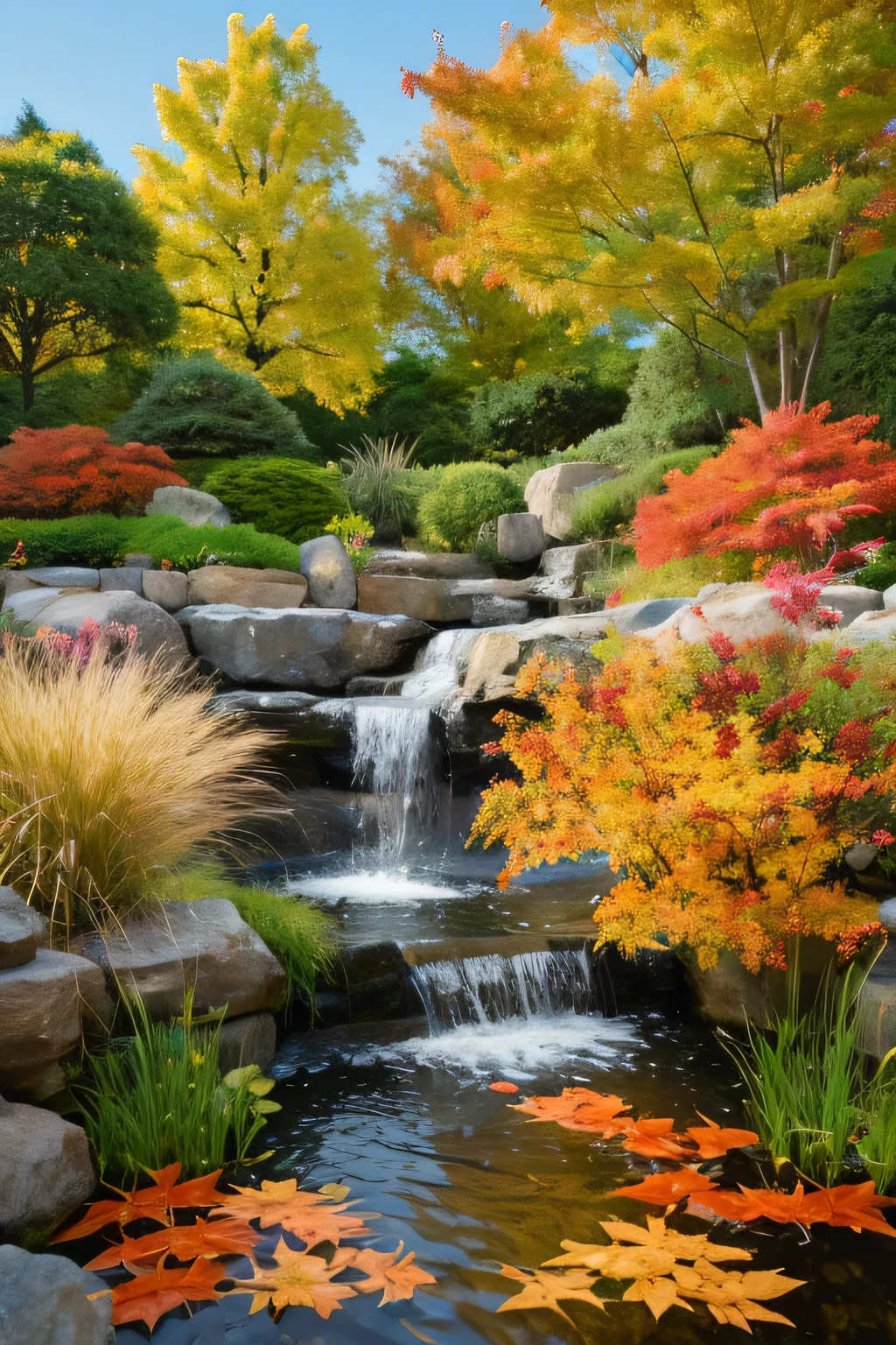 ((materpiece)), ((best quality)), ((high-res)), ((Ink wash)), ((artist)), ((extremly details)), a human made garden koi, autumn_leaves, birds chinese painting, leaf, maple_leaf, big koi habitat, no_humans, chainese habitat scenery, zulishisong_style_willow_tree, chainese style painting, bamboo, lilly pods, waterfall fountain, full view of the koi,