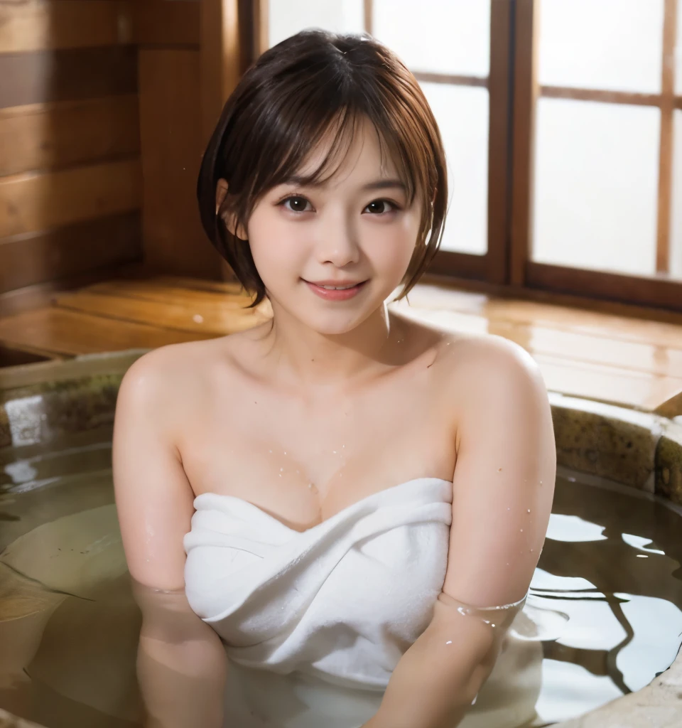 highest quality、8k、Ultra-high resolution、Clear photos、Professional Lighting、pretty girl、Baby Face、Round face、Round eyes、Very short hair、smile、Big Breasts、Very slim、Tight waist、Hot Springs Inn、Standing in an indoor hot spring、Wrap a bath towel around your body、Lots of steam、Warm Light