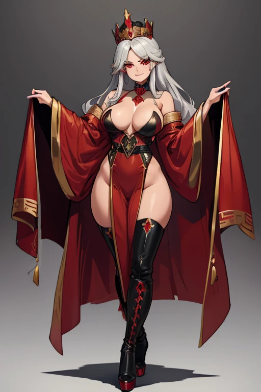 female, silver long hair, red eyes, tan skin, (((1girl))), (((red long robe with black accents))), (gold jewelry), (black thigh high heeled boots), (black dresss), (black crown), cute and sexy, large breasts, large butt, full body, long legs, smiling, cleavage, shoulders exposed