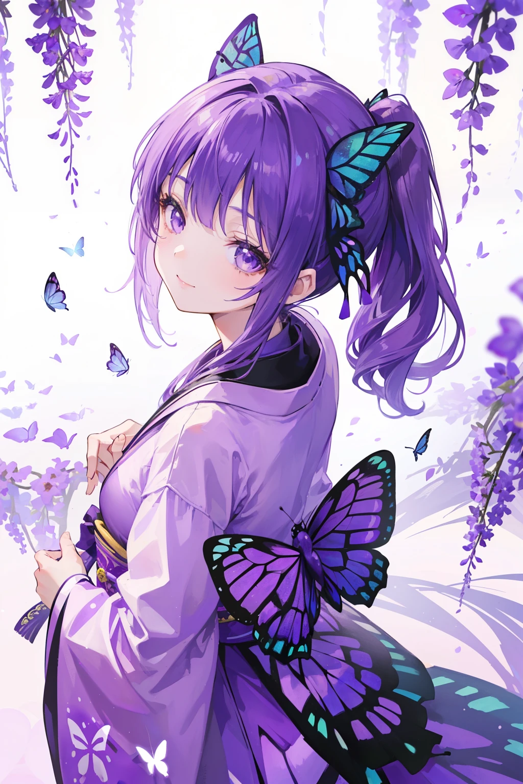 (32k), ((cute girl)), (hight quality), (high-level image quality), (smile), (hight quality wisteria flowers background), (32k background), (wisteria trellis),
(purple short ponytail), (purple eyes), (18 years old), (illustration), (purple light particles), (purple kimono), (purple Japanese clothes), (((from above))), (32k), (beautiful cute girl), (butterfly ornament), (butterfly dress), ((many butterflies)), (((background of many flowers
))), (((bright background))), (beautiful world), (cute world), (smile), back,