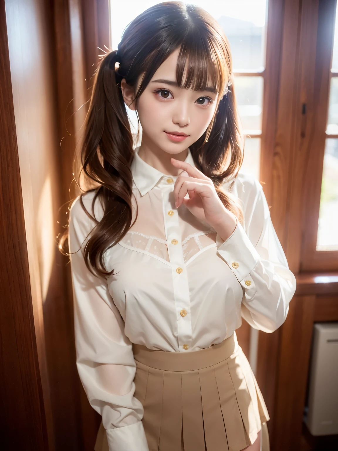 nsfw, (((1 girl:1.5)))、Ultra-detailed、masterpiece、highest quality、超A high resolution、In 8K、High-level image quality、Real life action、Photogenic transparency、Gradation、Perfect anatomical body proportions ,hard disk、 Nikon Z9 80mm Renaste Piece、Cinematic lighting, Physically Based Rendering, Award-winning, Highly detailed skin, Highly detailed face, Blurred Background、Indoorodel standing:1.4)), ((blouse、shirt and skirt:1.4)), (Beautiful bright and clear brown hair), Fluffy curly hair、Twin tails、Looking at the camera、Lips shining with lip gloss、Natural light