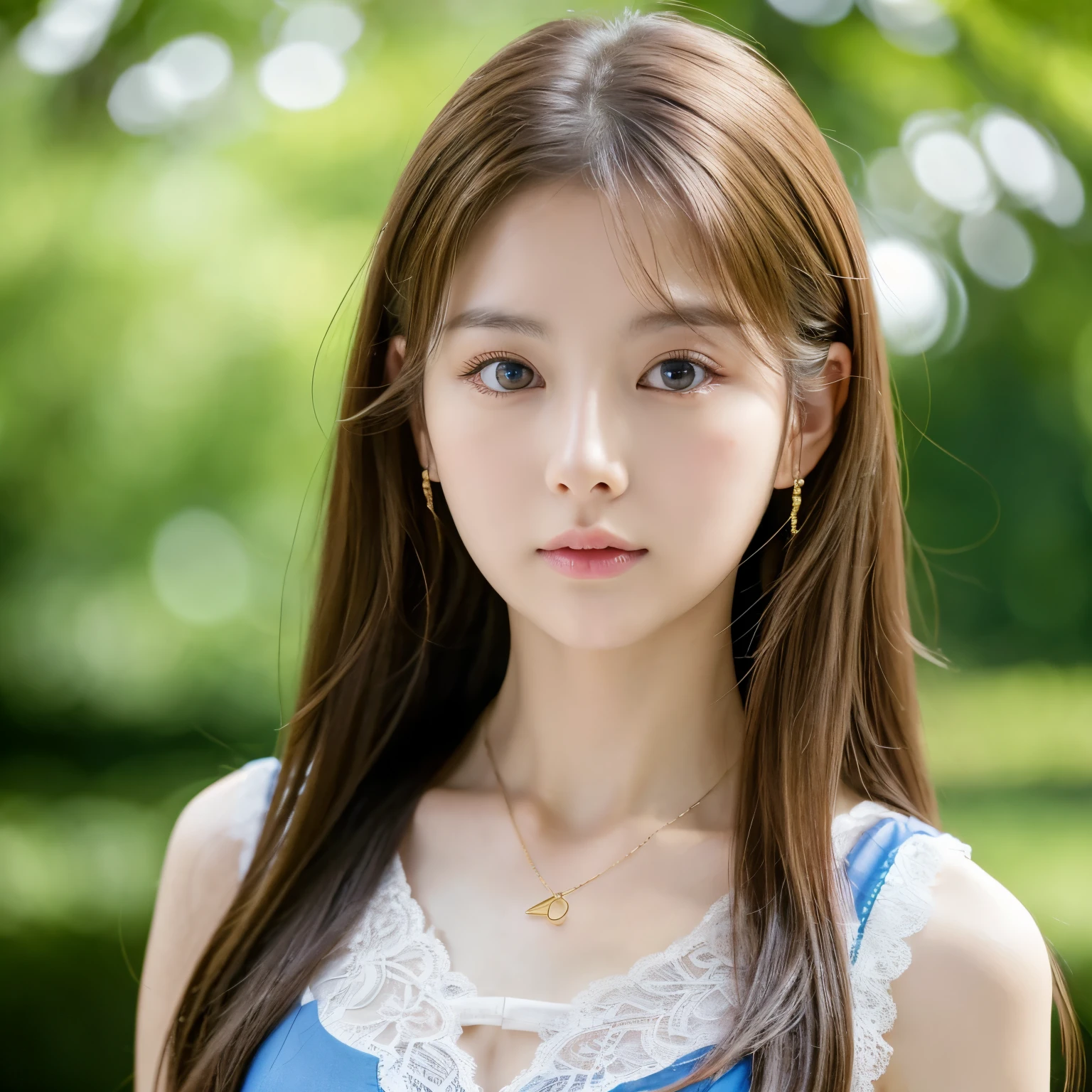 Korean girl, White skin, Straight brown long hair girl, Gold lace camisole vest, beautiful clear eyes, Blue pupils, beautiful necklace and earringedium chest tight and Medium breasts, Delicate slender face, , Clavicle,Lovely lips