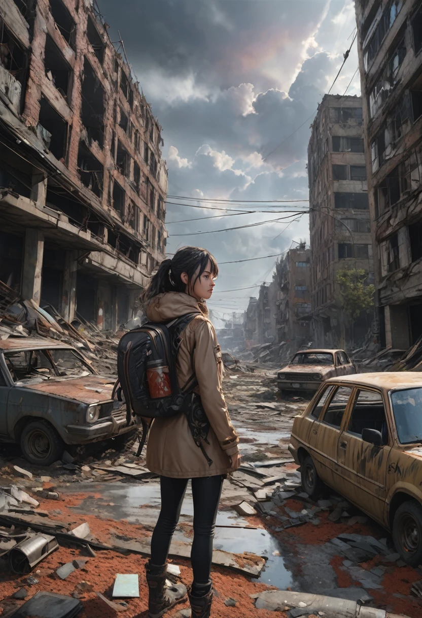 1girl, Post-Apocalyptic Wasteland, I invoke The World!(best quality,4k,8k,highres,masterpiece:1.2),ultra-detailed,(realistic,photorealistic,photo-realistic:1.37), HDR, UHD, studio lighting,ultra-fine painting,sharp focus,physically-based rendering,extreme detail description,professional,vivid colors,bokeh, portraits,landscape,horror,anime,sci-fi,photography,concept artists, desolate city ruins,dystopian atmosphere,dramatic lighting,thick smoke,abandoned vehicles,crumbling buildings,decaying infrastructure,overgrown vegetation,barren landscape,distant mountains,ruins of the past,wandering girl,courageous and determined expression,protective clothing,carrying a survival backpack,armed with a makeshift weapon,scavenging for resources,searching for signs of life,unforgiving sky,piercing winds,tall grass swaying,ominous dark clouds,red dust swirling,harsh sunlight casting long shadows,cracked pavement,earth-toned color palette,dilapidated and rusted metal structures,overturned cars,fading graffiti,desolation and despair in her eyes, nature reclaiming what was once a thriving city,chaotic mix of destruction and beauty,majestic and haunting, a world on the brink of collapse.