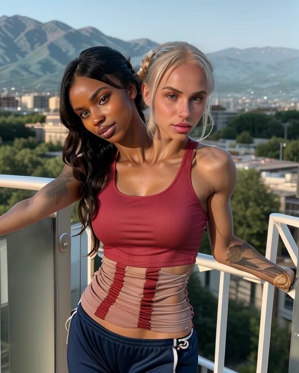 30-year-old dark skinned Nigerian woman named Biena and, her pale white American lover with icy blonde hair named Estella, marathon runners, athletic, very feminine, (hugging each other tight, squishing their bodies together, slow dancing, hanging in her arms, flowing together, leaning on each other), gazing at each other, eyes averted, in love, lusting after each other, having passionate sex together, mouth to mouth kissing, (detailed gym background, training for their run, sweaty, alone at the gym), (( Estella is a pale white American woman, icy blonde hair tied up in a pony tail, bangs over forehead, lots of freckles all over her body, red cheeks, red nose, eyeliner, white skin, slim body, fit body)), ((Biena is 30-year-old, sexy African woman, black short and straight hair, bangs, dark brown African skin, suntanned skin, black skin, onyx skin, ebony skin, tattoos on her body, thick thighs, slightly chubby)), ultra-realistic photo, feminine features, ((both have very different facial features, ethnicities, and skin colors)), ((wearing athletic wear, tank top, sweatpants, bright colors, sweatbands)), conjoined, 2 heads, different heads, different skin colors, vitiligo, harsh mixing, clear boundary where skin color changes, smooth transition, contrasting skin colors