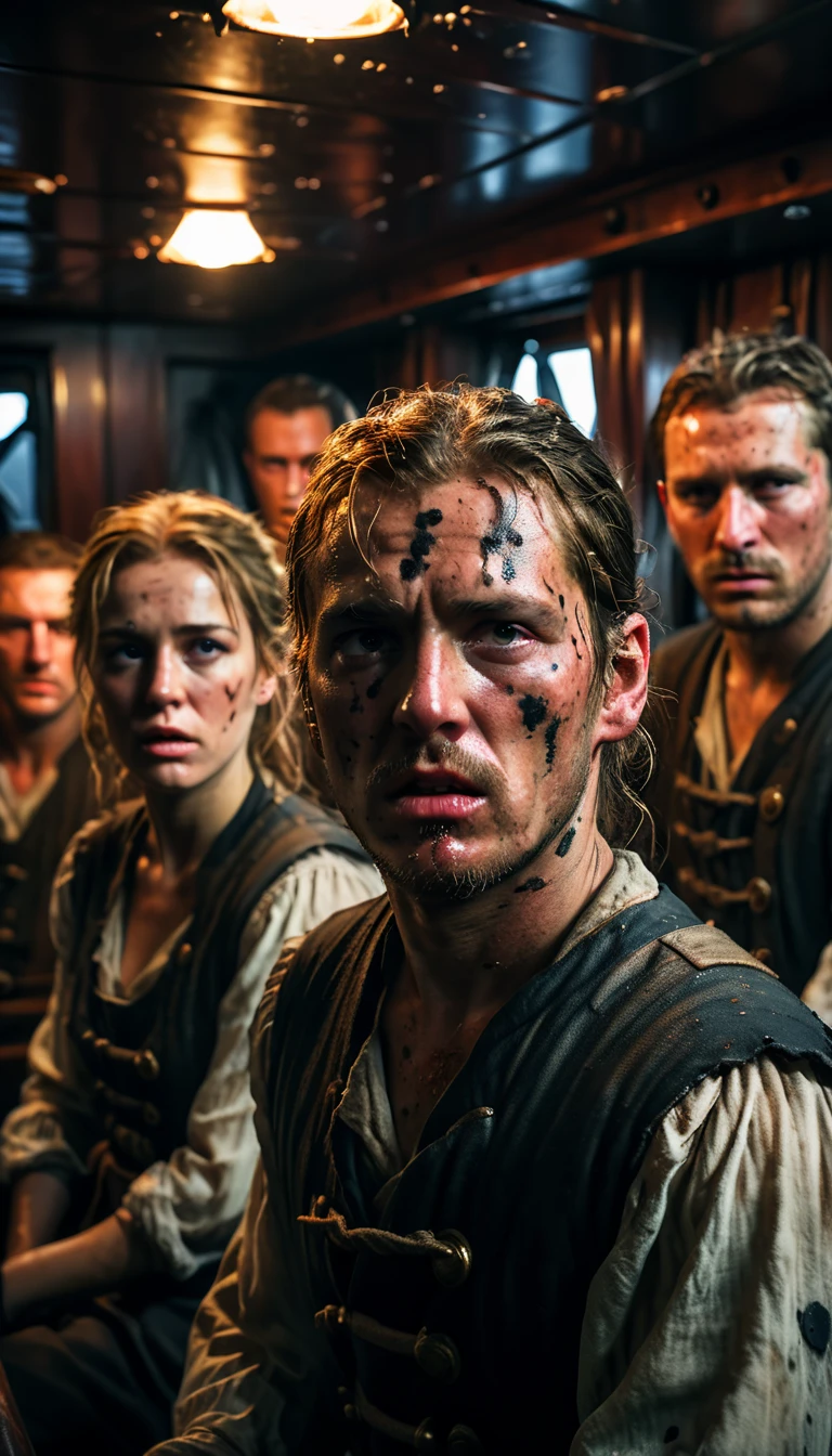 Crew members on the ship, their faces pale and twisted in agony, covered in black spots, background cinematic, hyper realistic, ultra detailed hyper realistic, photorealistic, Studio Lighting, reflections, dynamic pose, Cinematic, historical accuracy, Color Grading, Photography, Shot on 50mm lens, Ultra-Wide Angle, Depth of Field, hyper-detailed, beautifully color, 8k