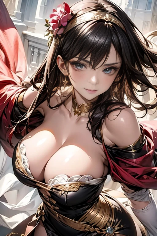 yor briar, anime style beutiful woman, 1girl, happy, smile, red face, closed mouth, beautiful detailed eyes, super detailed skin, backlighting, bare shoulders, black background, black dress, black gloves, black hair, breasts, dress, earrings, fingerless gloves, floating hair, floral print, flower, gloves, gold earrings, gold hairband, hair flower, hair ornament, hairband, holding, holding weapon, jewelry, large breasts, long hair, looking at viewer, off-shoulder dress, off shoulder,red eyes, short hair with long locks, sidelocks, solo, spikes, thighs, two-sided dress, two-sided fabric, weapon, fighting stance , face, close up, from above, highest quality, high resolution.