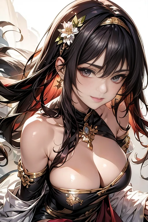 yor briar, anime style beutiful woman, 1girl, happy, smile, red face, closed mouth, beautiful detailed eyes, super detailed skin, backlighting, bare shoulders, black background, black dress, black gloves, black hair, breasts, dress, earrings, fingerless gloves, floating hair, floral print, flower, gloves, gold earrings, gold hairband, hair flower, hair ornament, hairband, holding, holding weapon, jewelry, large breasts, long hair, looking at viewer, off-shoulder dress, off shoulder,red eyes, short hair with long locks, sidelocks, solo, spikes, thighs, two-sided dress, two-sided fabric, weapon, fighting stance , face, close up, from above, highest quality, high resolution.