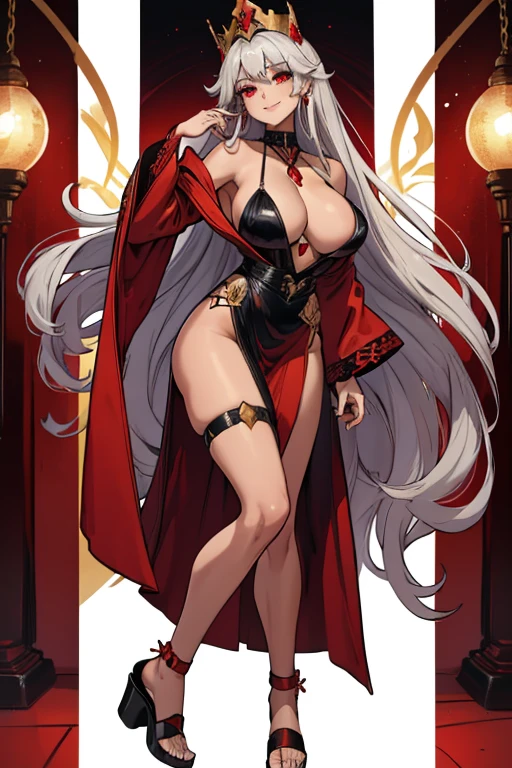 female, silver long hair, red eyes, tan skin, (((1girl))), (((red long robe with black accents))), (gold jewelry), (black thigh high heeled sandals), (black dress), (black crown), cute and sexy, large breasts, large butt, full body, long legs, smiling, cleavage, shoulders exposed