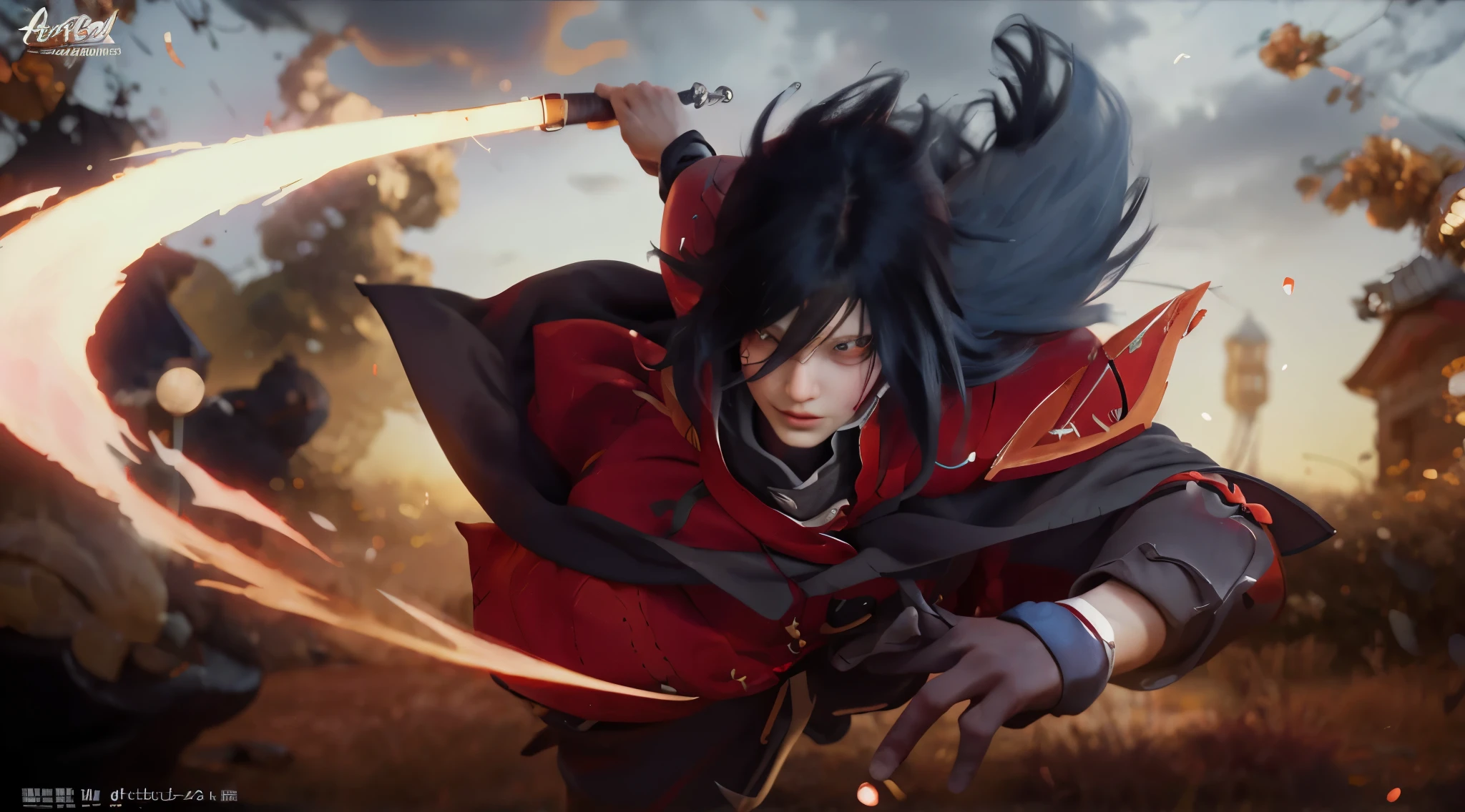 Anime character holding a sword wearing red clothes with many people, Uchiha Madara, Sasuke Uchiha, Cool Anime 8K, Uchiha Bandei, Anime epic artwork, Joker as Naruto,, epic anime style, Anime Wallpaper, Live-action style 8k, High-quality anime art style,Highest image quality, Outstanding details, Ultra-high resolution, (realism: 1.4), Best example, Favor the details,Realistic characters,Realistic image,Hyperrealism,Japanese-style armor,red armor,Forward punch,