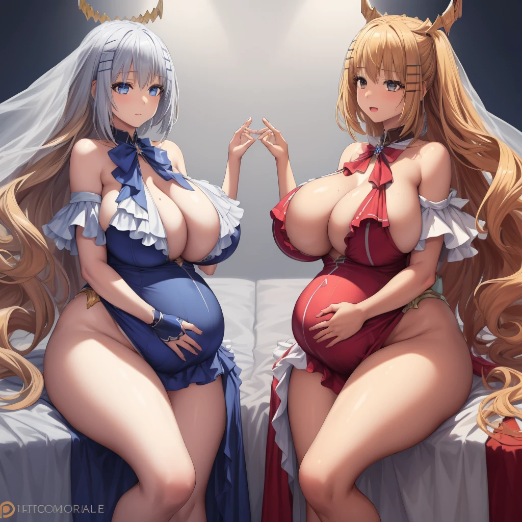 2 girls, Duet, twin, Stand side by side, Luna Nova, age woman, Brown hair, Blonde hair, Long curly hair, Match hairstyle, Different hair colors, Hang down your hair, Hazel eyes, White background, best quality, Very detailed、(Huge breasts:1.8),Pregnant