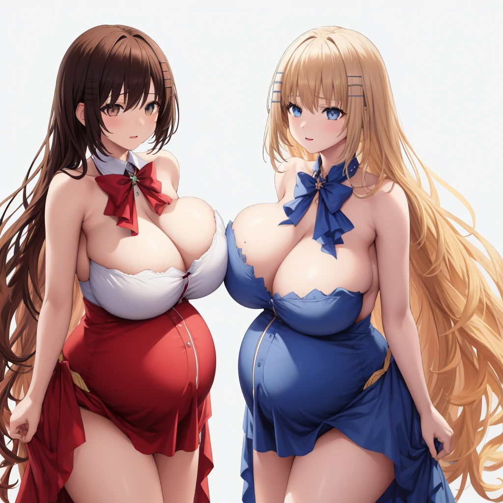 2 girls, Duet, twin, Stand side by side, Luna Nova, age woman, Brown hair, Blonde hair, Long curly hair, Match hairstyle, Different hair colors, Hang down your hair, Hazel eyes, White background, best quality, Very detailed、(Huge breasts:1.8),Pregnant