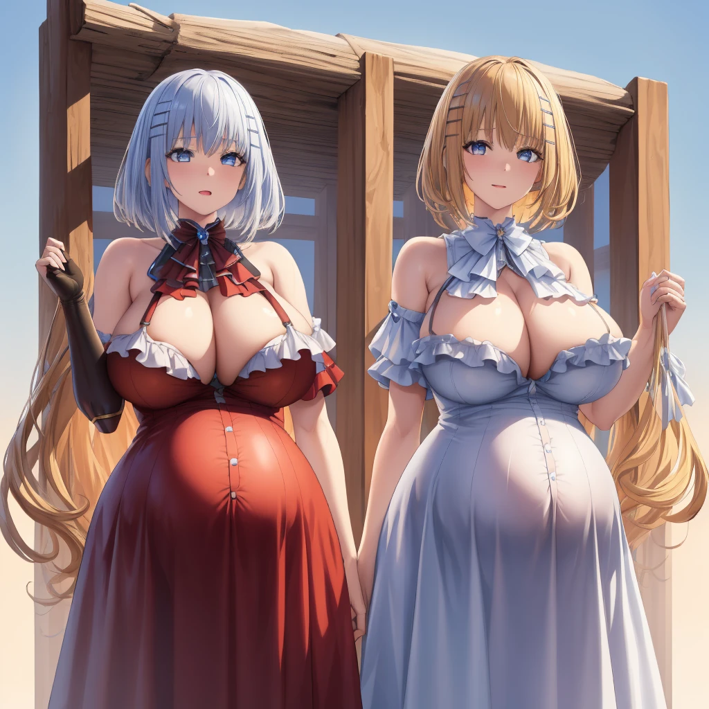 2 girls, Duet, twin, Stand side by side, Luna Nova, age woman, Brown hair, Blonde hair, Long curly hair, Match hairstyle, Different hair colors, Hang down your hair, Hazel eyes, White background, best quality, Very detailed、(Huge breasts：1.8)，Pregnant