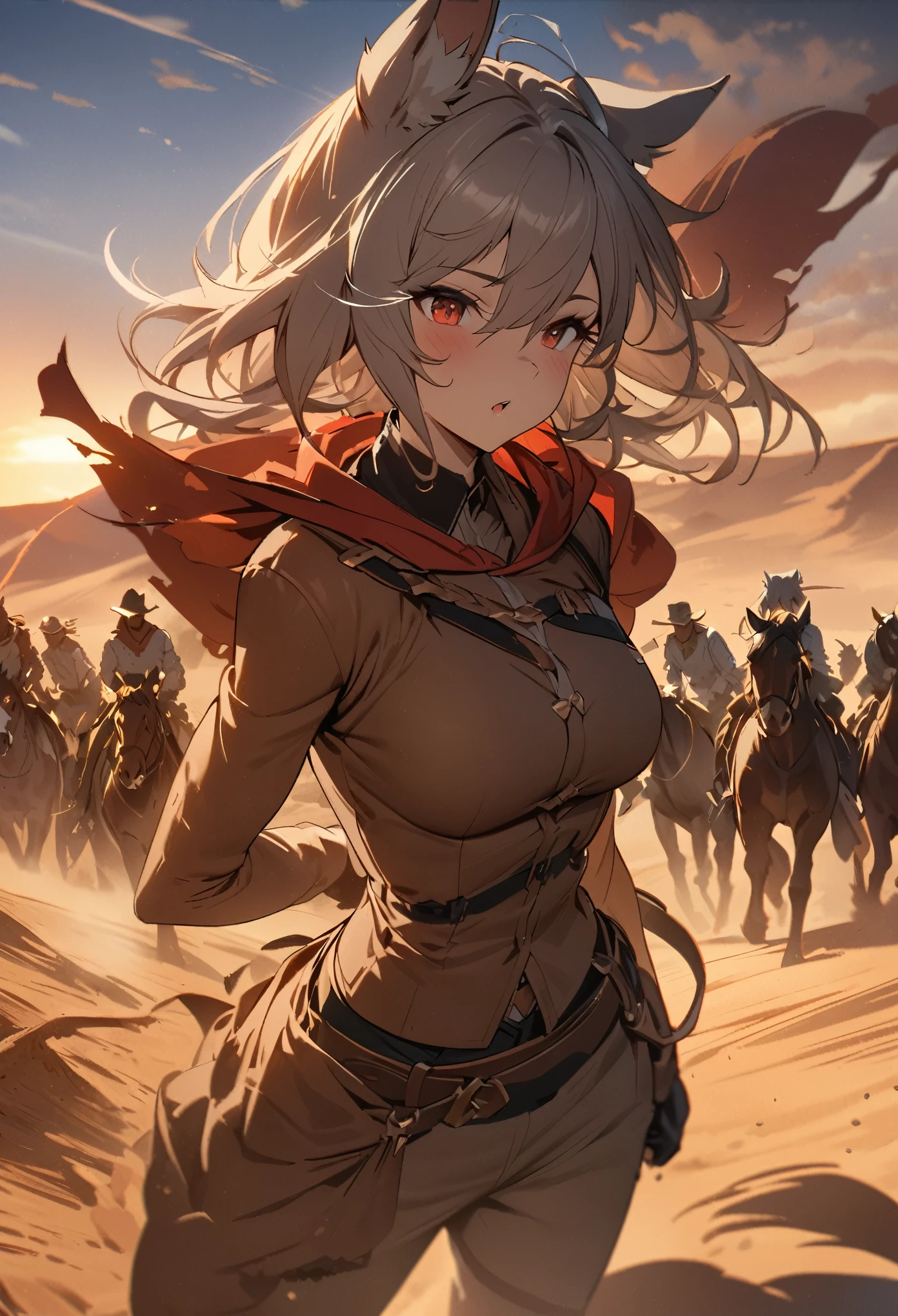 top quality, best quality, High-quality illustrations, masterpiece, super high resolution, detailed background, The desolate and rugged desert landscape at sunset, with the sky turning shades of red and the dry earth stretching into the distance, Cowboys racing across the prairie, stirring up dust as the sound of horse hooves echoes through the air, A lone sheriff standing at the entrance of a saloon, with a wooden sign swaying gently behind him, A gunslinger suddenly emerging from the shadows, his sharp gaze and the silence creating a tense atmosphere, 6+boys, 6+girls, absurdres(highly detailed beautiful face and eyes)perfect anatomy, expression, good lighting, cinematic shadow(kemono, furry anthro)assorted poses, dynamic angle,