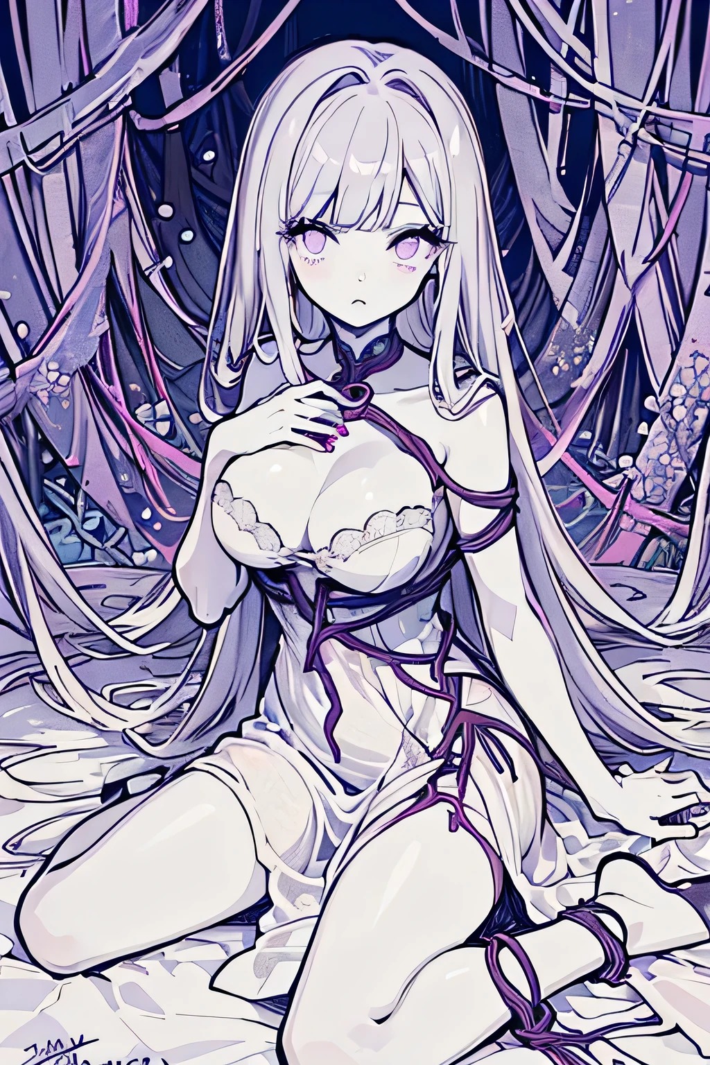 masterpiece:1.4, highest quality))+, (Super detailed)+,(Super detailed eyes)+,
(One cute girl),18-year-old,(violet eyes:1.15),Silver Hair, Very long hair,(Wariza:1.2),Pale skin,Mouth closed,sad,
(She wears a gown made of tangled vines:1.5),(Full breasts:1.2),(Grape dress:1.4),(A dress made from grapevine:1.2),(Surrounded by grapevine:1.4),
(despair:1.3),Gothic,
(Dark yellow vine:1.3),leaf,(Grapevine:1.1),
(Dawn Light:1.2),violet,
(Heavy monochrome:1.16),(Depth of written boundary:1.4), 
