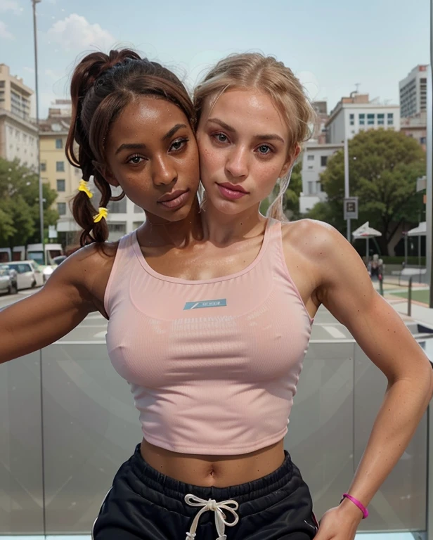 30-year-old dark skinned Nigerian woman named Biena and, her pale white American lover with icy blonde hair named Estella, marathon runners, athletic, very feminine, (hugging each other tight, squishing their bodies together, slow dancing, hanging in her arms, flowing together, leaning on each other), gazing at each other, eyes averted, in love, lusting after each other, having passionate sex together, mouth to mouth kissing, (detailed gym background, training for their run, sweaty, alone at the gym), (( Estella is a pale white American woman, icy blonde hair tied up in a pony tail, bangs over forehead, lots of freckles all over her body, red cheeks, red nose, eyeliner, white skin, slim body, fit body)), ((Biena is 30-year-old, sexy African woman, black short and straight hair, bangs, dark brown African skin, suntanned skin, black skin, onyx skin, ebony skin, tattoos on her body, thick thighs, slightly chubby)), ultra-realistic photo, feminine features, ((both have very different facial features, ethnicities, and skin colors)), ((wearing athletic wear, tank top, sweatpants, bright colors, sweatbands)), conjoined, 2 heads, different heads, different skin colors, vitiligo, harsh mixing, clear boundary where skin color changes, smooth transition, contrasting skin colors
