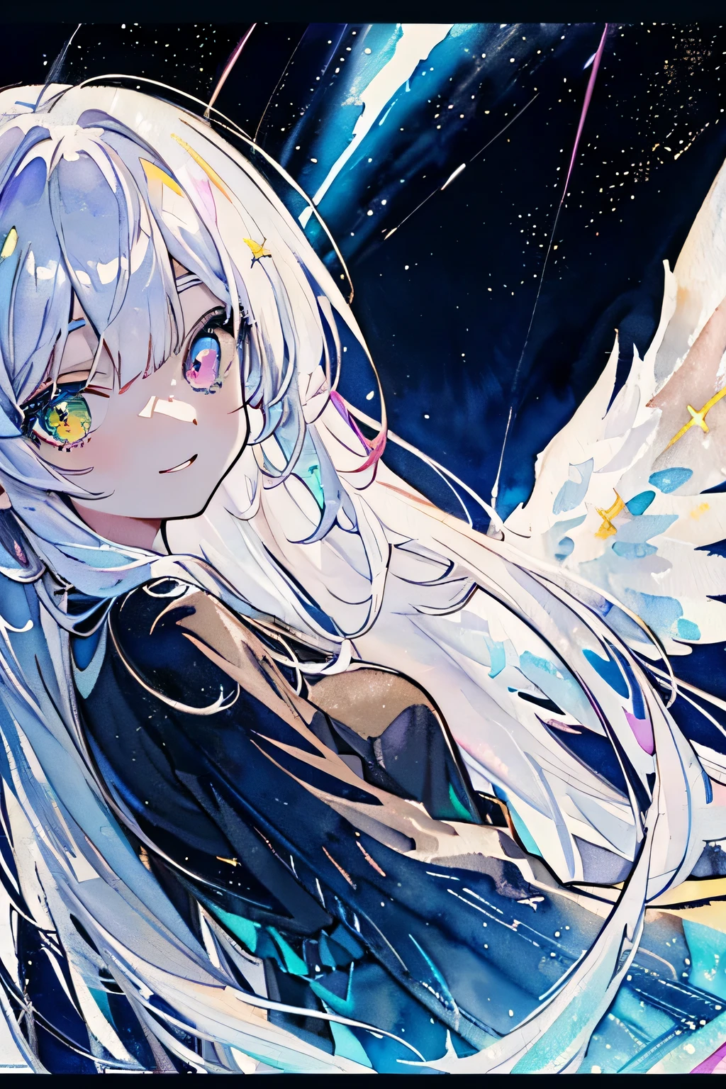 Dark Focus , (Dark gradient watercolor :1.5, Lens flare:1.5 , Glitter :1.5), (The arms are big wings:1.5、All-wing aircraft、Harpies in Greek mythology:1.5)、whole bodyエズビアン、monstergirl、Shine , dream-like , Dark Background、Grid illusion, colorful, girl、(((Dark sea background:1.5,There's a psychic in the background:1.5))),((Highly detailed eyes:1.5)),{{{Ultra 8k resolution}}},((Tabletop, highest quality, beautifully、aesthetic: 1.2)),{{Superb masterpiece: 1.7}}, {{Cinema Lighting}},(hair Transparency:1.5),(Dark shades:1.5,Dark Tone,Big aurora background in darkness:1.5、darkness:1.5,Cold Reflection:1.5,The edge of the object reflects in the rainbow:1.5) 、(Golden Ratio: 1.2), (whole body: 1.2), (Super Detail: 1.3), (girl with: 1.3), (Fractal Art: 1.3), {{{Glitter Pupil:1.25}}}) , ((Rainbow hair:1.2、Colorful hair、Half blue, half red hair:1.5,Shiny hair: 1.2)), (Heterochromia), (whole bodyエズビアン), (Hyper Detail), ((Subtle details)), (Intricate details), ((Cinematic Light, highest qualityのバックライト)), High Contrast, {{{Best lighting, Very delicate and beautiful}}}, (( Cinematic Light)), (Ray-traced Reflections, Shine), (((Shine Aura)), {{{Shineing hair:1.25}}}, ((Super Detail)), (8k)), ((Close-up)), ((Brown Skin)), ((Captivating smile)) ,((High angle whole body shot)), (whole body:1.2)、(Sky:1.5)