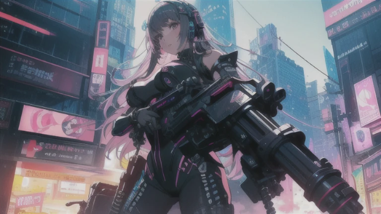 ((highest quality)), ((masterpiece)), (Very detailed:1.3) beautiful hyper waifu in cyberpunk bodysuit firing gatling gun,gun,anime,