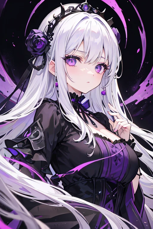 (masterpiece, best quality, perfect face, expressive eyes), 1girl, long white hair, purple eyes, black victorian dress, purple jewelry, purple rings, black lace headpiece,