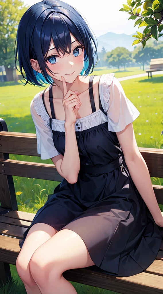 Girl short hair Blue hair Blue eyes Blue matching Smile confidently Correct limbs, black sundress, outdoor park background, sitting on bench, hands on her own chest