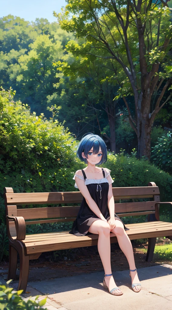 Girl short hair Blue hair Blue eyes Blue matching Smile confidently Correct limbs, black sundress, outdoor park background, sitting on bench, hands on her own chest