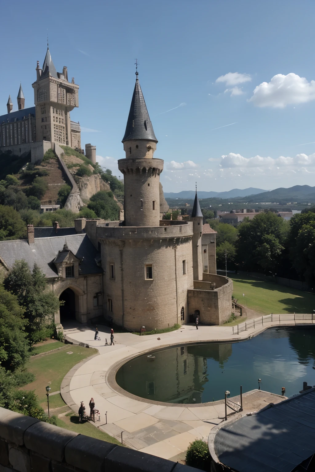 ((melhor qualidade)), (detalhado)
Hogwarts do filme harry potter, with castles and towers with mechanical arms and solar panels, with artesian well next to the castle