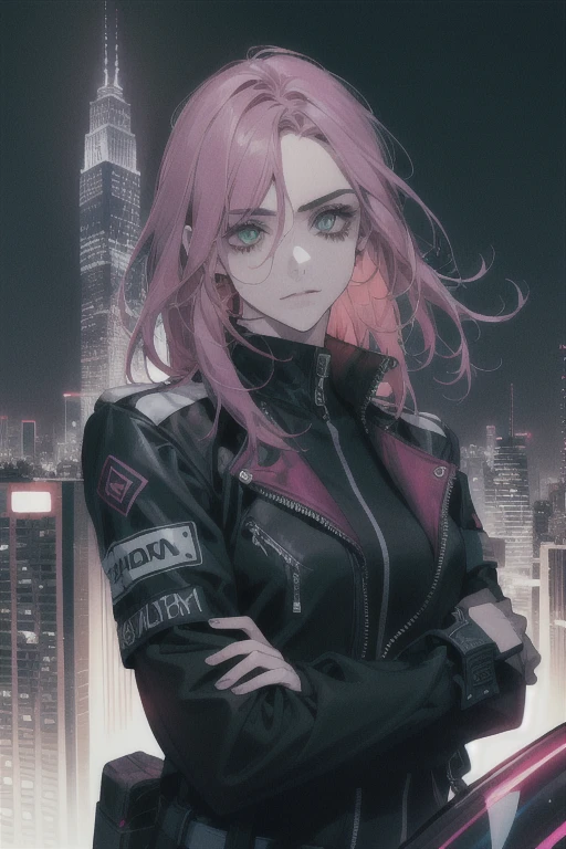 (absurdos, high resolution, ultra detalhado), 1 homem, adulto, bonito, cara alto e musculoso, ombros largos, olhos finamente detalhados, Ciberpunk, motocicleta, cabelo neon, holographic, Jaqueta preta, corrida intensa, velocidade, cidade noturna, sinal de neon, skyscraper, diretamente acima, Ciano, Magenta, (dutch angle), boca fechada