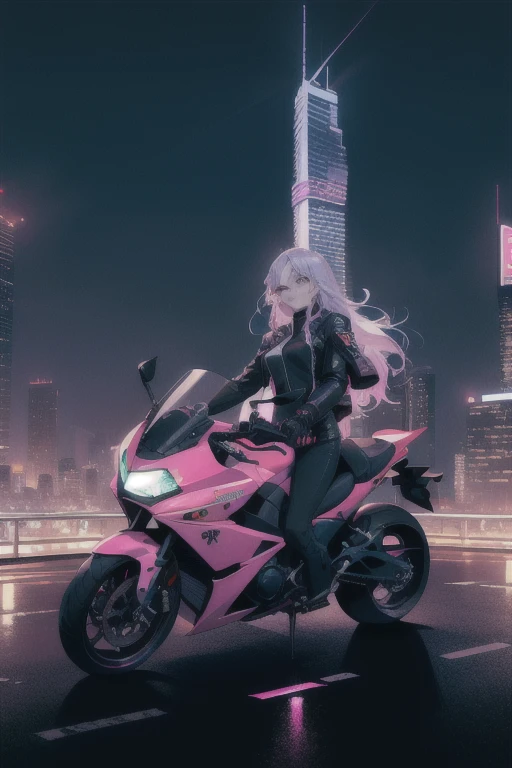 (absurdos, high resolution, ultra detalhado), 1 homem, adulto, bonito, cara alto e musculoso, ombros largos, olhos finamente detalhados, Ciberpunk, motocicleta, cabelo neon, holographic, Jaqueta preta, corrida intensa, velocidade, cidade noturna, sinal de neon, skyscraper, diretamente acima, Ciano, Magenta, (dutch angle), boca fechada