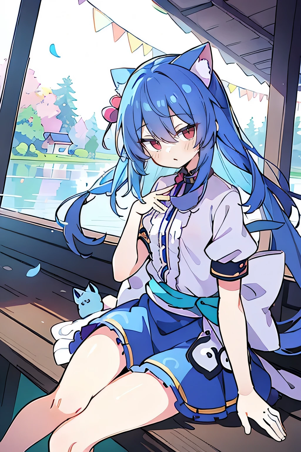 (masterpiece:1.2),ultra-detailed,realistic,expressive eyes,fair-skinned,perfectly shaped face,1girl,
Japanese cartoons,Gorgeous blue hair, flowing blue hair,floating clothes,cat ears,petals falling,beautiful Lola,Hina Angel,
hands on waist,gracefully sitting on the ground,legs crossed,gentle and serene background,cool and comfortable pavilion.