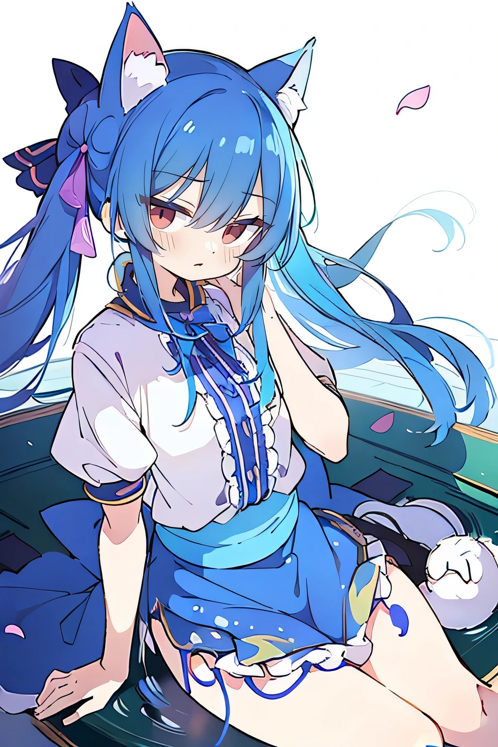 (masterpiece:1.2),ultra-detailed,realistic,expressive eyes,fair-skinned,perfectly shaped face,1girl,
Japanese cartoons,Gorgeous blue hair, flowing blue hair,floating clothes,cat ears,petals falling,beautiful Lola,Hina Angel,
hands on waist,gracefully sitting on the ground,legs crossed,gentle and serene background,cool and comfortable pavilion.