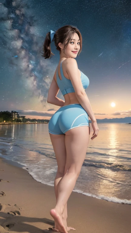 ((masterpiece)), (highest quality), 23 years old,Very detailed, finely, (High resolution), (8k), ((Perfect front viewcomposition)), (Natural color lip),(Side Ponytail:1.3),(((Standing facing forward on the beach at night))),((Light blue fitness shorts)),((From the whole body to the toes:1.3)),((Perfect front view:1.3)),((The magnificent Milky Way floating in the night sky)),((Natural pose)),(look back and smile),((Big ribbon on thigh)),((Big Ass)),((Ample breasts)),((Full and firm breasts)),(Small Pareo),