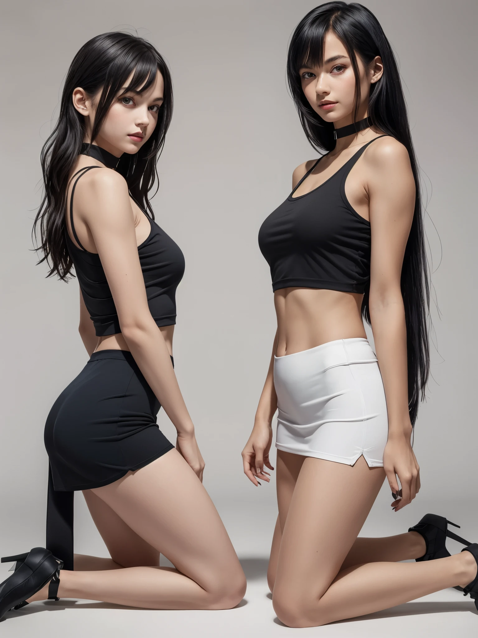 2girls close together, BREAK, multiple girls, (yo, cute:1.3), kneeling, white crop tank top, mini skirt, navel, see-through thigh high, choker, shoulder, strap gap, very very long straight hair, blue hair, black hair, (realistic:1.3), looking at viewer, 