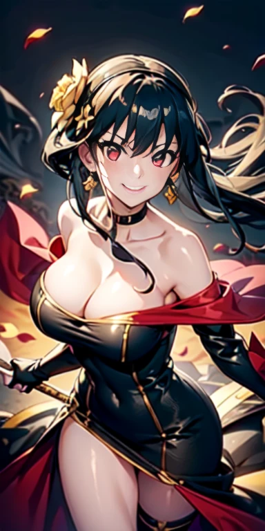 yor briar, anime style beutiful woman, 1girl, happy, smile, red face, closed mouth, beautiful detailed eyes, super detailed skin, backlighting, bare shoulders, black background, black dress, black gloves, black hair, , dress, earrings, fingerless gloves, floating hair, floral print, flower, gloves, gold earrings, gold hairband, hair flower, hair ornament, hairband, holding, holding weapon, jewelry, large breastshair, looking at viewer, off-shoulder dress, off shoulder,red eyes, short hair with long locks, sidelocks, solo, spikes, thighs, two-sided dress, two-sided fabric, weapon, fighting stance , face, close up, from above, highest quality, high resolution.

