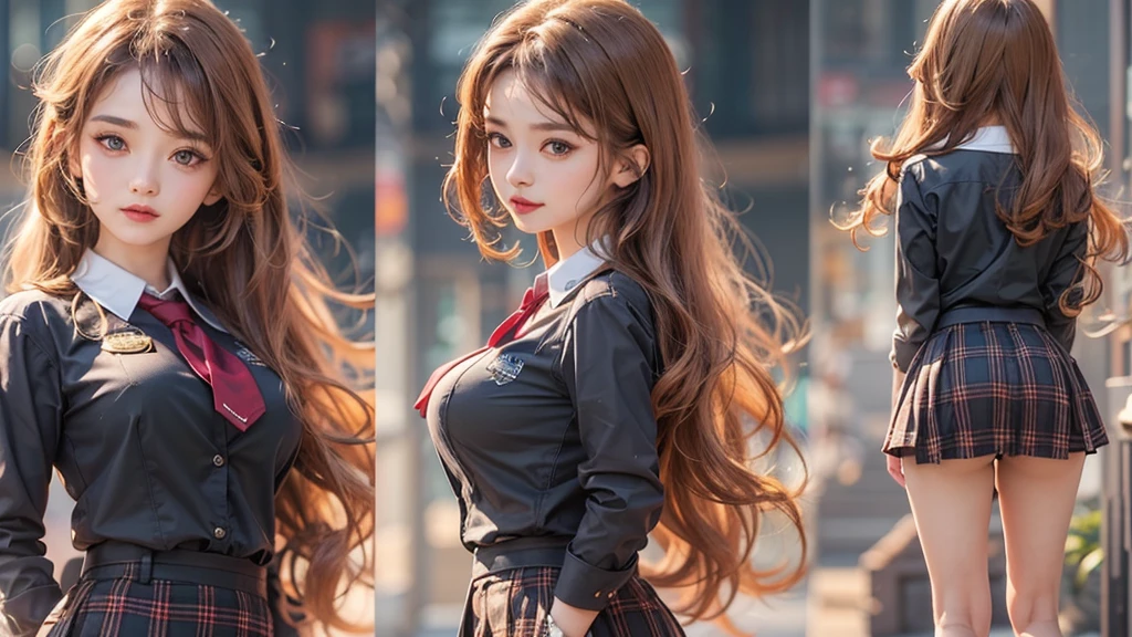 (Very cute girl) , very detailed eyes and face, Fine and beautiful eyes, Very detailed, High resolution, very detailed, masterpiece,Unified, 8k wallpaper, wonderful, all details, masterpiece, highest quality, , The light shines on your face, Cinematic lighting, 1 girl, ((big breasts:1.4)), (Underboob: 1.2),((1 girl gorgeous brown long hair), ,(((Business Uniforms, skirt,)))), Berry Shoes, whole body、With a smile, Flashy makeup, Red lips, Dark eye makeup, ,all、 Realist, Outdoor, super Realistic 8K, Very detailed and Realistic, Posture sculpture, Big Ass, , Hair blowing in the wind、whole bodyショット、Thin legs
