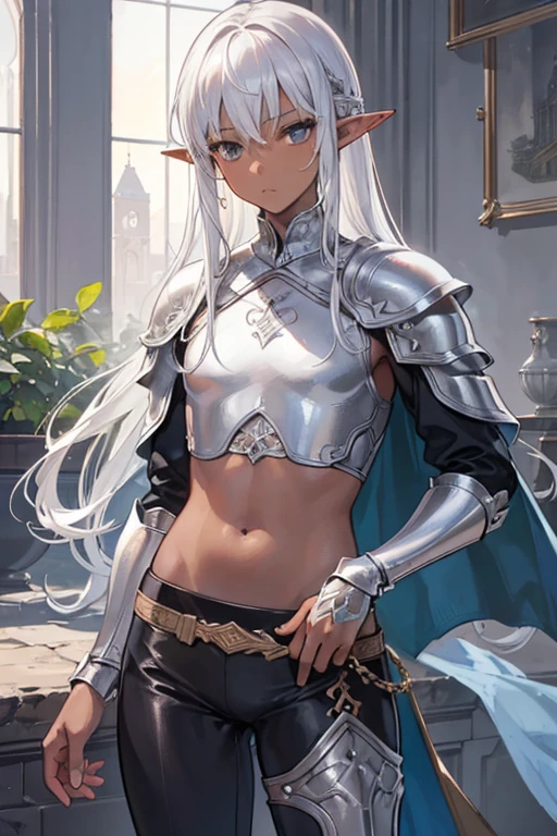 Best image quality, Excellent details, Ultra-high resolution, (realism: 1.4), Best illustrations, Favorite Details, A very condensed boy, Delicate and beautiful features, Dark skin, Medium Silver Hair, Androgynous, Black Pants, elf boy, Medieval Armor, Crop top