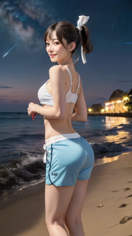 ((masterpiece)), (highest quality), 23 years old,Very detailed, finely, (High resolution), (8k), ((Perfect front viewcomposition)), (Natural color lip),(Side Ponytail:1.3),(((Standing facing forward on the beach at night))),((Light blue fitness shorts)),((From the whole body to the toes:1.3)),((Perfect front view:1.3)),((The magnificent Milky Way floating in the night sky)),((Natural pose)),(look back and smile),((Big ribbon on thigh)),((Big Ass)),((Ample breasts)),((Full and firm breasts)),(Small Pareo),