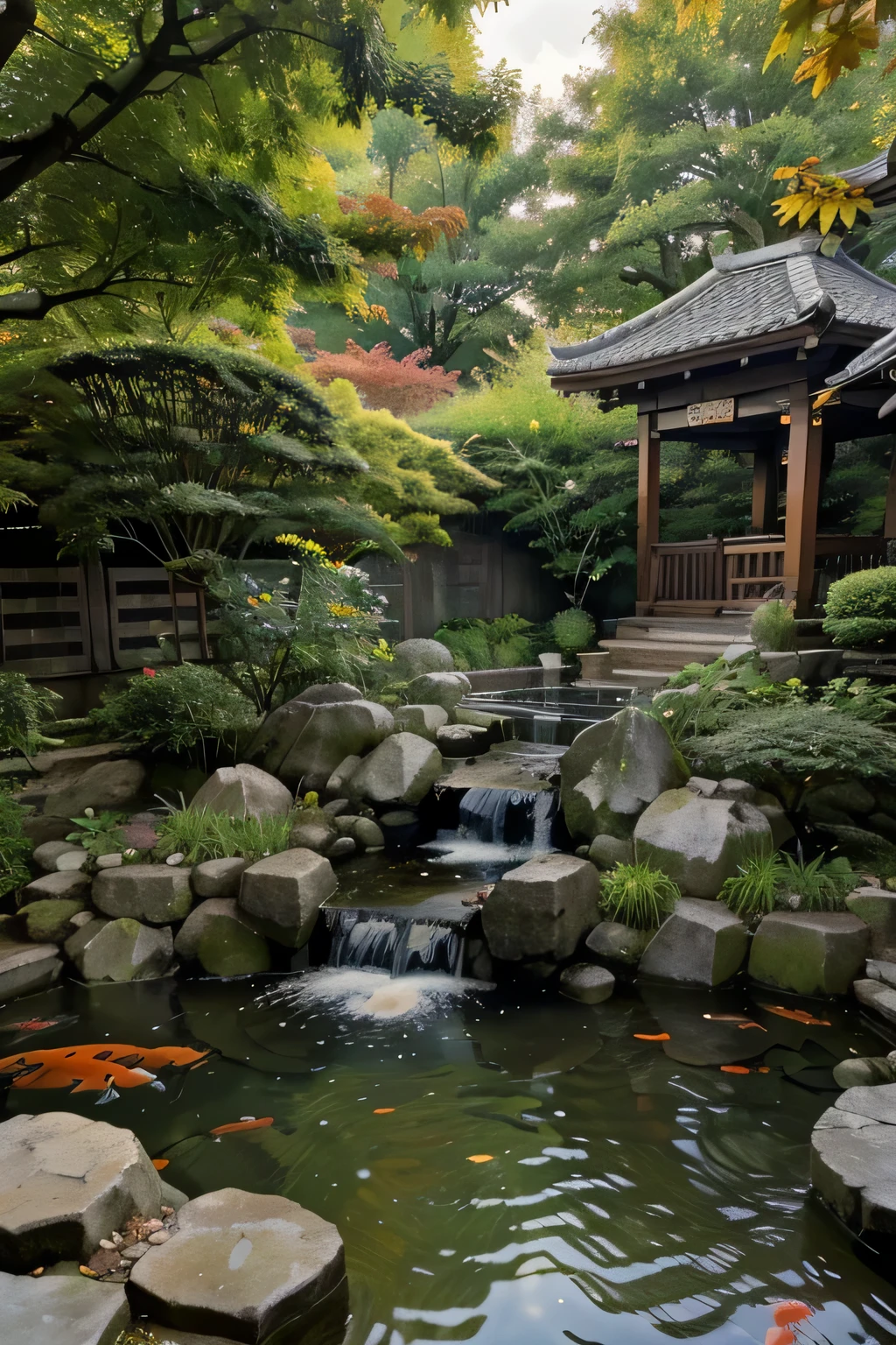 ((materpiece)), ((best quality)), ((high-res)), ((Ink wash)), ((artist)), ((extremly details)), a human made garden koi, autumn_leaves, birds chinese painting, leaf, maple_leaf, big koi habitat, no_humans, chainese habitat scenery, zulishisong_style_willow_tree, chainese style painting, bamboo, lilly pods, waterfall fountain, full view of the koi, moldy slimy rocks, couple small turtles,