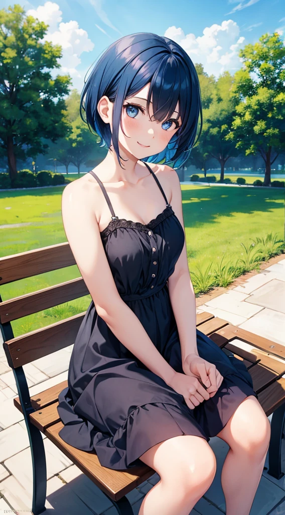 Girl short hair Blue hair Blue eyes Blue matching Smile confidently Correct limbs, black sundress, outdoor park background, sitting on bench, back turned, looking over her shoulder