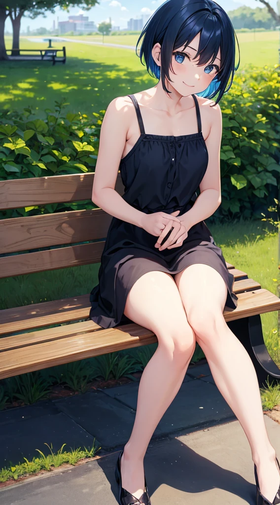 Girl short hair Blue hair Blue eyes Blue matching Smile confidently Correct limbs, black sundress, outdoor park background, sitting on bench, back turned, looking over her shoulder 