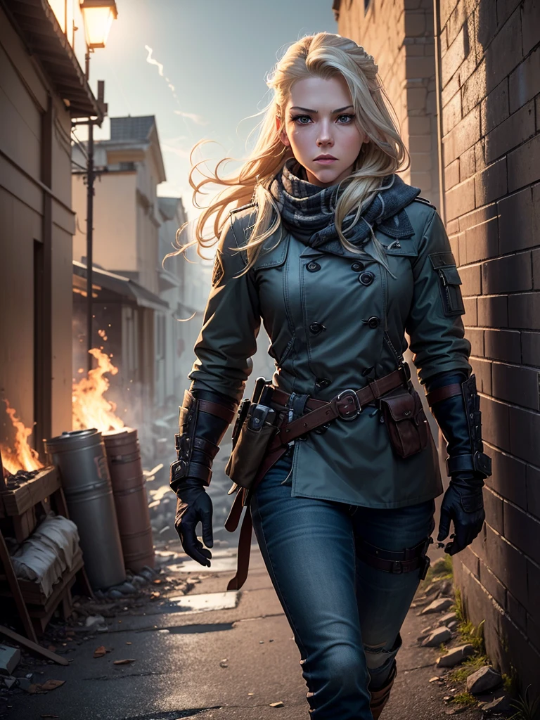 Dramatic lighting, deep shadows, ruined street, rubble, fires, smoke, people running away, Katheryn Winnick, blonde braids blowing in wind, pale blue eyes, determined frown, wearing scruffy blue goretex coat, keffiyeh, jeans, gloves, equipment belt with gun holster and scabbard, leaning against wall, peering about