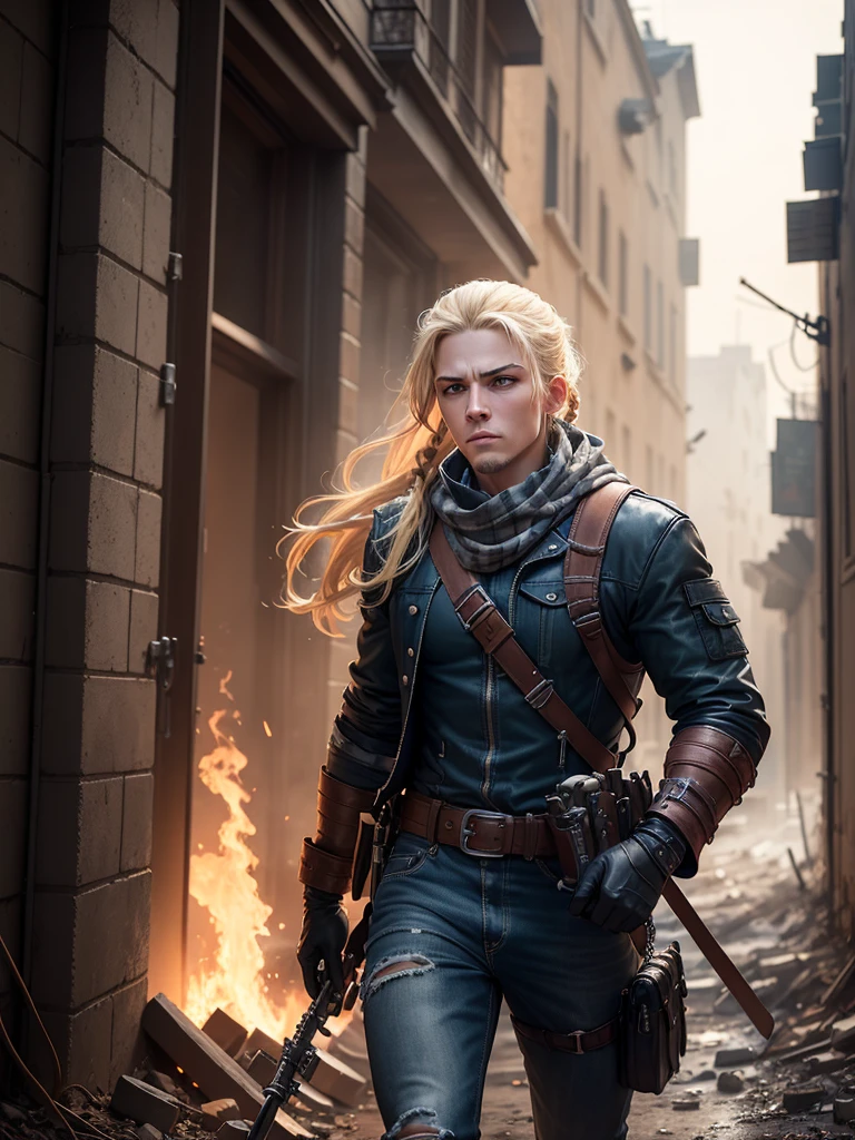Dramatic lighting, deep shadows, ruined street, rubble, fires, smoke, people running away, Katheryn Winnick, blonde braids blowing in wind, pale blue eyes, determined frown, wearing scruffy blue goretex coat, keffiyeh, jeans, gloves, equipment belt with gun holster and scabbard, leaning against wall, peering about