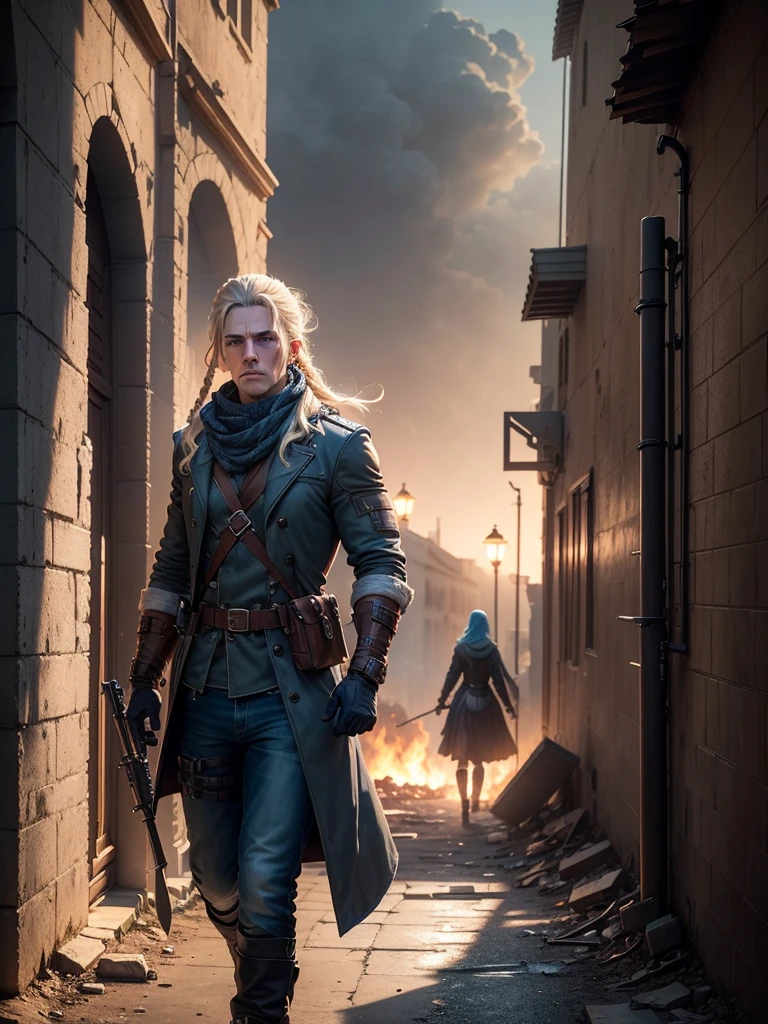 Dramatic lighting, deep shadows, ruined street, rubble, fires, smoke, people running away, Katheryn Winnick, blonde braids blowing in wind, pale blue eyes, determined frown, wearing scruffy blue goretex coat, keffiyeh, jeans, gloves, equipment belt with gun holster and scabbard, leaning against wall, peering about