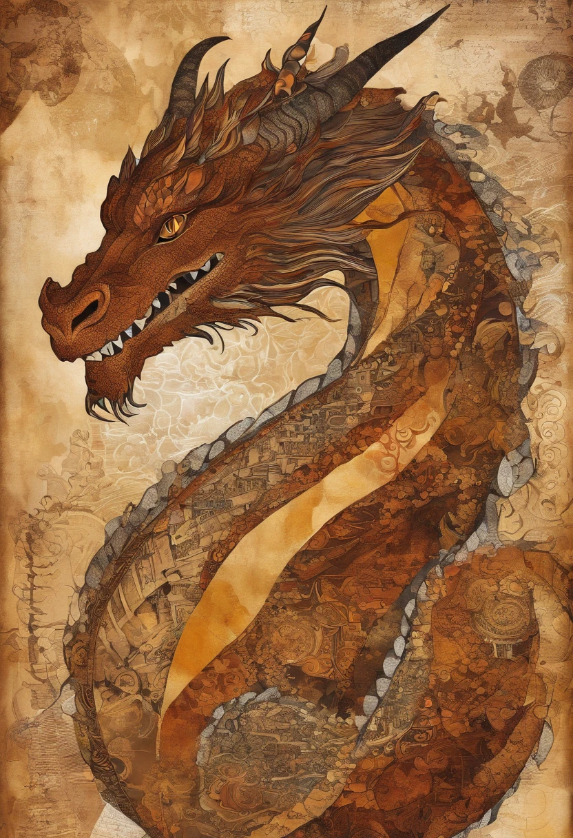 Dragon marron chocolat caramel, sensuality, douceur, regard doux bienveillant, posture enveloppante rassurante, fond caverne ocre ::2 colorful ink painting ::2 art fantasy