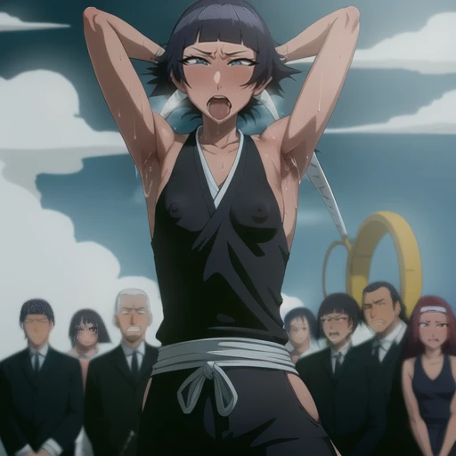 (Super delicate skin),(Ahegao), (flat chest:1.4), (The nipples can be seen through the clothes),(muscular:1.35),flirtatious, 1 female, solitary, Black flowing hair, eternal, Japanese clothing, No underwear,Small Breasts, No eyeballs, For the audience, Looking at the audience, tired, From below, (Exposed armpit:1.1), ((armpit:1.2)), Sexy pose, （sweat）,（More and more sweat）,(Ahegao), (Roll your eyes), Naughty face, blush, open mouth, Sticking out tongue, saliva, Slobber，Runny nose，Sloppy person,Skinny