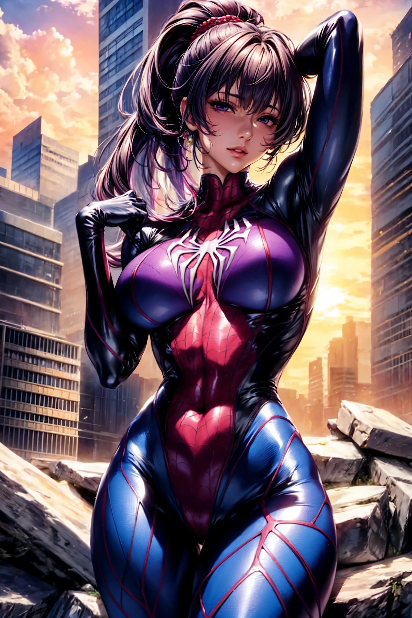 top-quality、tmasterpiece、Very high resolution、super high image quality、High-quality pixels)、perfect eyes, perfect face, perfect body figure,solo,8K, large breast,(Detailed description of hair), (Detailed description of face),(Detailed description of body), fair and clear skin, matchless beauty, long legged, purple long hair details expressed, The details have been upgraded,opaque purple eyeball color,model posture,traditional chinese streets,cowboy shot,ponytail, spiderman tightsuit, purple eye, ssmile