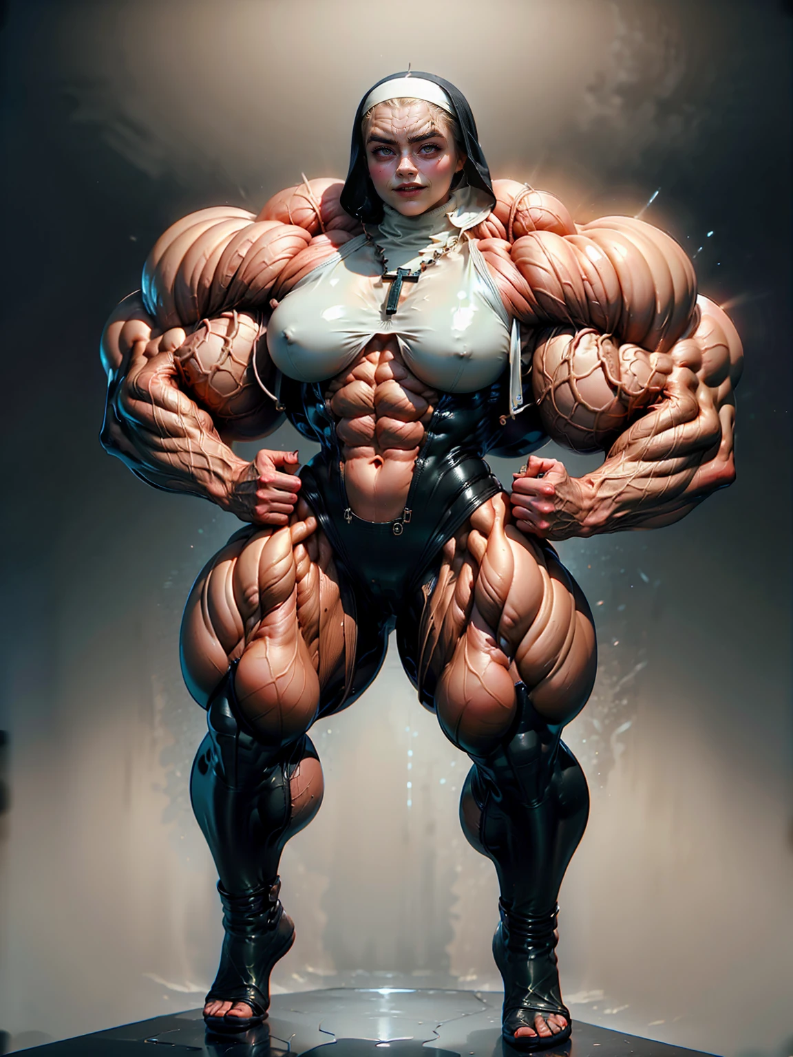 (1 girl), (cara delevingne:1.25), (latexai black), (Muscular:1.9), ((wide shoulders:1.5)), (wearing a nun's outfit:1.5), earrings, eyeshadow, lipstick, (full body pose:1.5), (ten pack abs:1.5), (full body view:1.5), ((large muscular veiny breasts:1.5)), choker, (sculpted muscles:1.9), detailed eyes, (latex bodysuit:2), (muscular body:1.9), (looking at viewer), (smile:1.5), round ass, dark bedroom, night time, rim lighting, two tone lighting, dimly lit, clean skin, low key (DETAILED SKIN), licking lips, (naughty girl face:1.25), naughty, bokeh, bokeh in the art style of peter mohrbacher