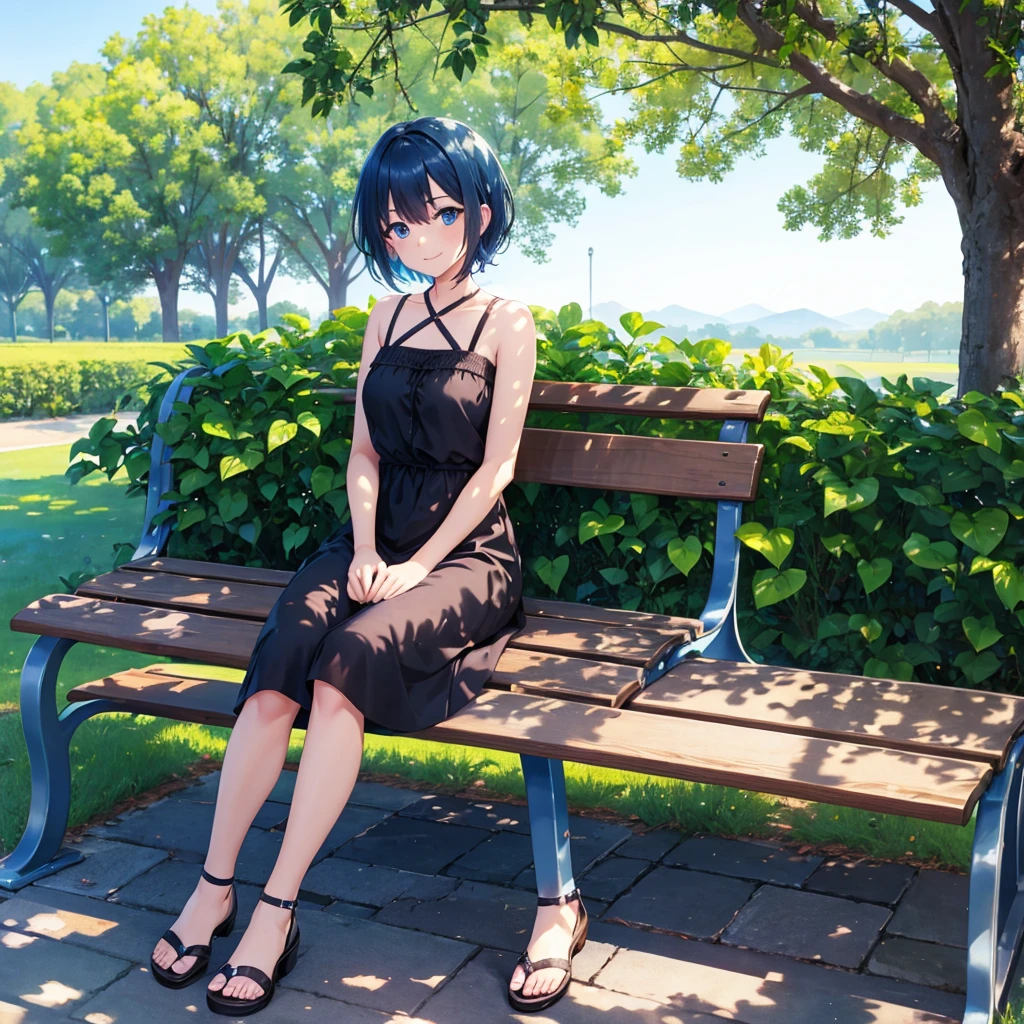 Girl short hair Blue hair Blue eyes Blue matching Smile confidently Correct limbs, black sundress, outdoor park background, sitting on bench, back turned, looking over her shoulder