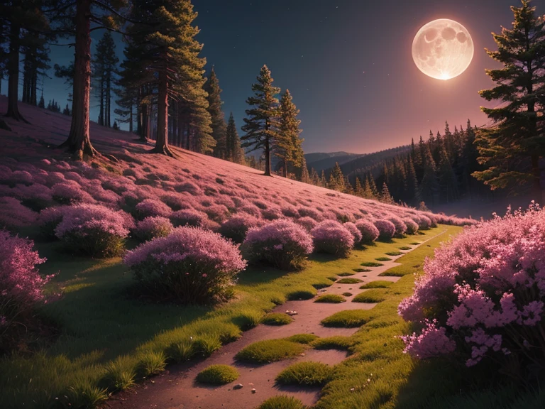A hill of moss pinks illuminated by the full moon