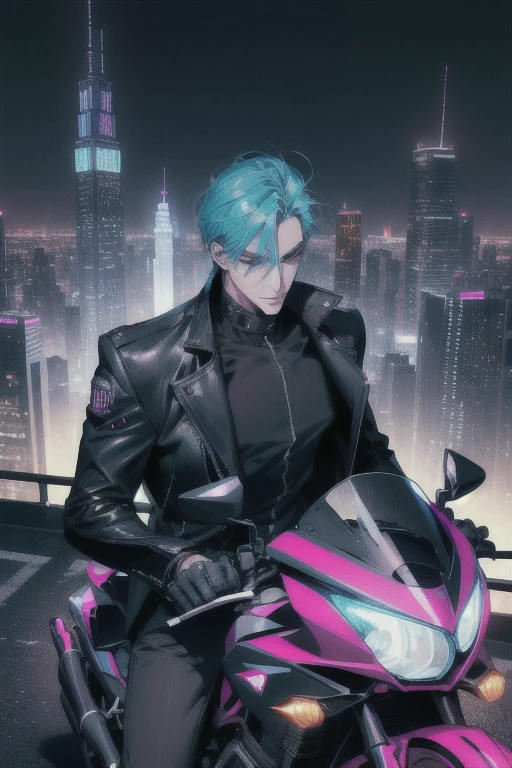 (absurdres, highres, ultra detailed), 1 male, adult, handsome, tall muscular guy, broad shoulders, finely detailed eyes, Cyberpunk, motorcycle, neon hair, holographic, black jacket, intense run, speed, night city, neon sign, skyscraper, from directly above, Cyan, Magenta, (dutch angle), closed mouth