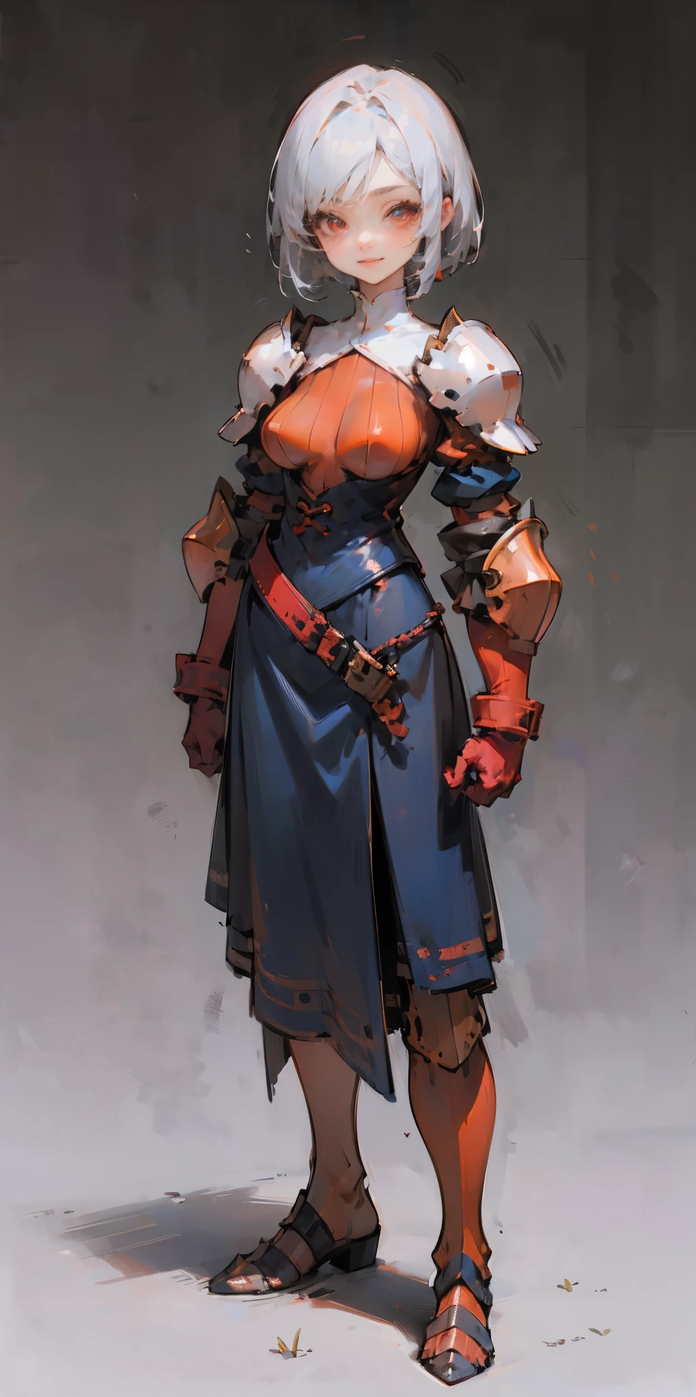 (gray background)(masterpiece) ultra-detailed solo 1girl hands on sides medium breasts, (full body standing), RED EYES detailed eyes, full plate armor, confident smile, staring at the viewer, silver white hair, short bob style hair